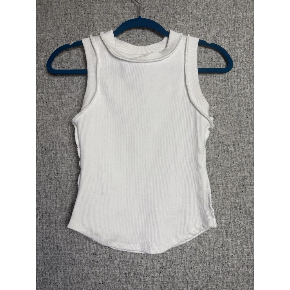 Sweet Kama High Neck Exposed Seam Ribbed Stretch White Tank Top‎ Cami XS/SMALL